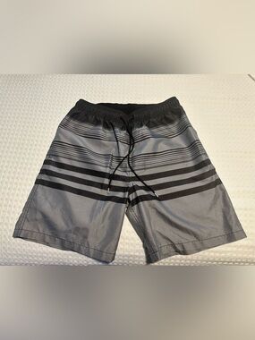 Gray Striped Drawstring Swim Shorts Size M